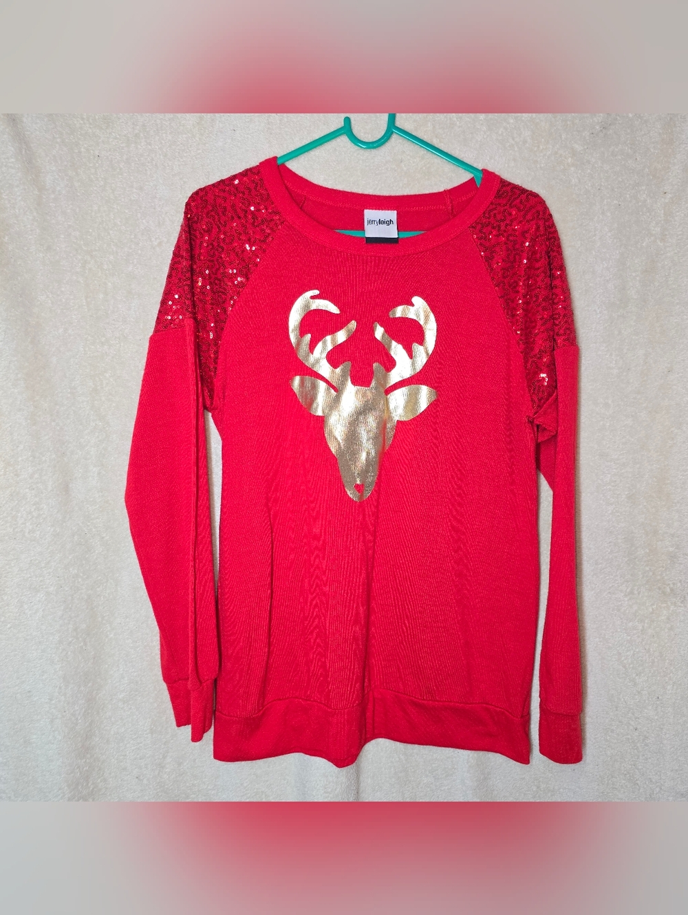 Jerry Leigh Red & Gold Sparkle Ugly Christmas Sweater Reindeer Large 11-13 Junio
